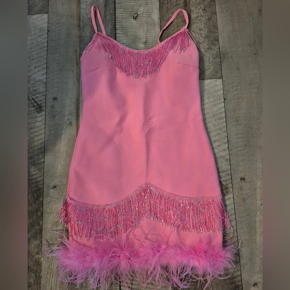 Fashion Nova Slip Dress Bodycon Glam Night Feathers Fringe Beads Pink M/L - Picture 4 of 9